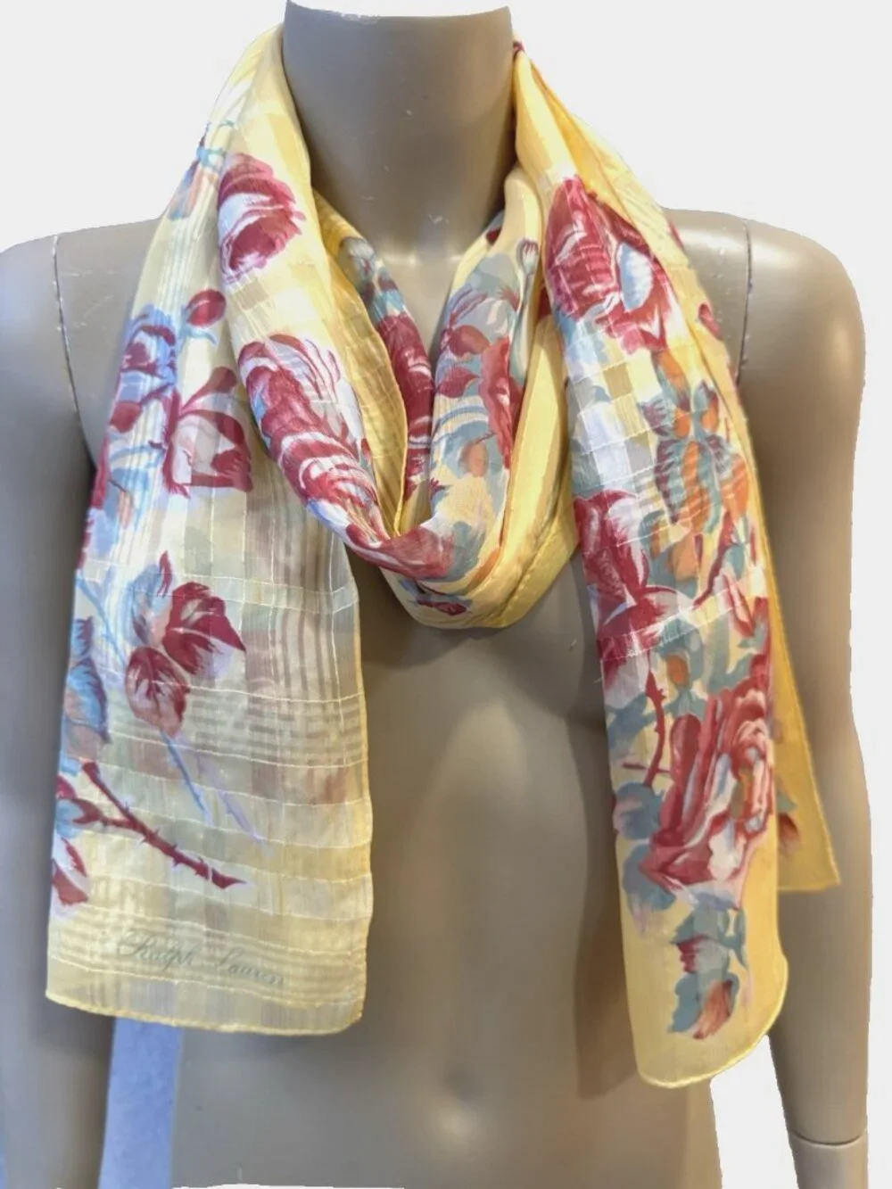 VTG Ralph Lauren Silk Chiffon Scarf Cabbage Roses, Stripes Cottagecore 15